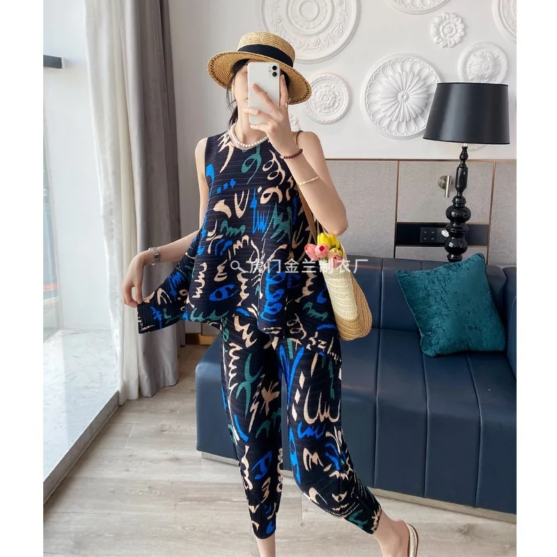 Yudx-ノースリーブのベストとハーレムパンツのセット,女性用のプリントセット,魅力的なプリーツファッション,2ピース,夏,新しい,2024
