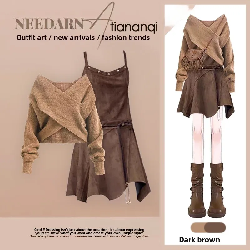 

Autumn New Sle Mermaid Vintage Cross Casual Knitted Sweater Dr Two Piece Set Women's Faion Ensemble Comfortable Fit