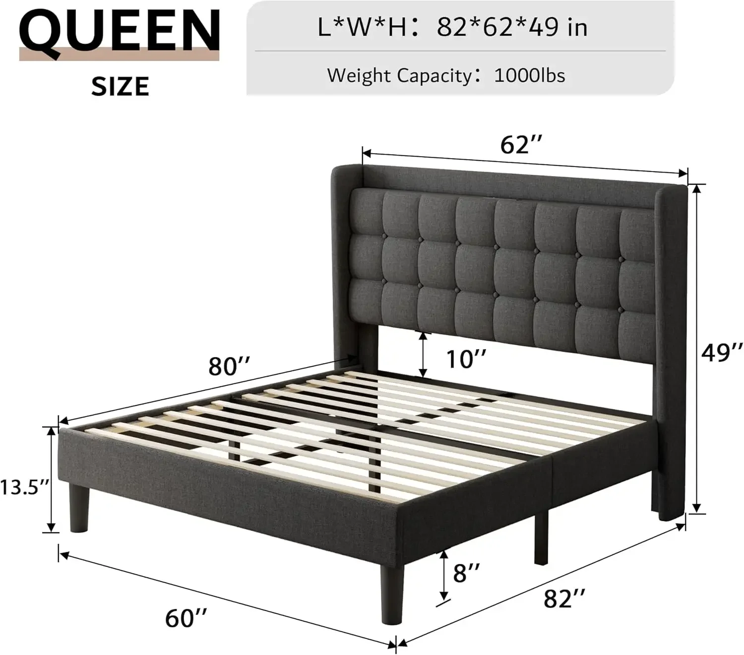 Queen Bed Frame with Charging & Storage, Upholstered Platform Bed with Button Tufted Wingback Headboard