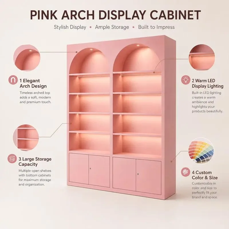 for Modern Large Arched Bookshelf LED Lighting Commercial Retail Store Display Cabinets, Painted Metal Lockers