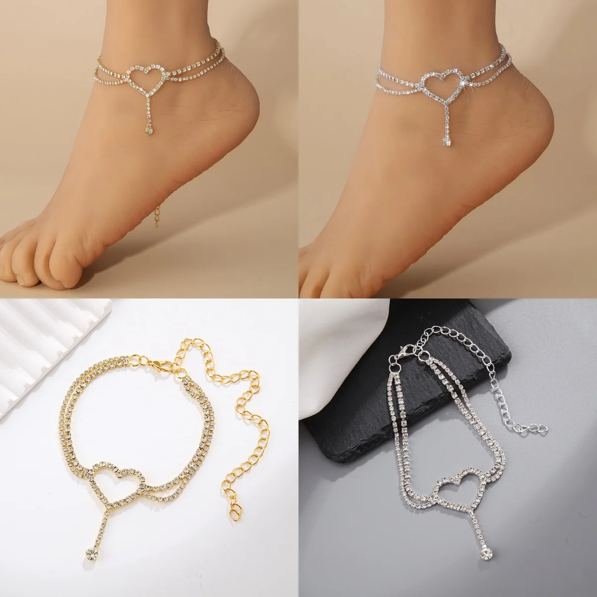 

Women's Multi-Layer Heart Star Anklet Crystal Bracelet Luxury Summer Beach Ankle Jewelry Gift Chain Leg Accessory