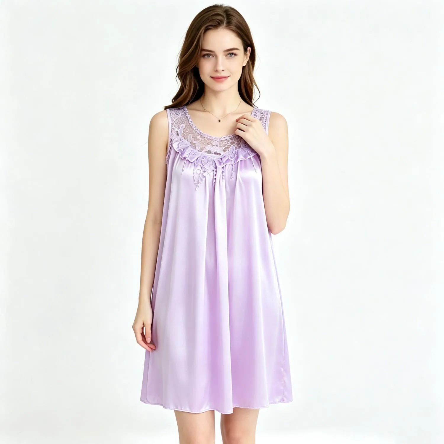 Summer Breathable Ice Silk Sleeveless Night Dress Women Ruffle Lace Collar Satin Nightgown Lingerie Ladies Nightgowns Nightdress