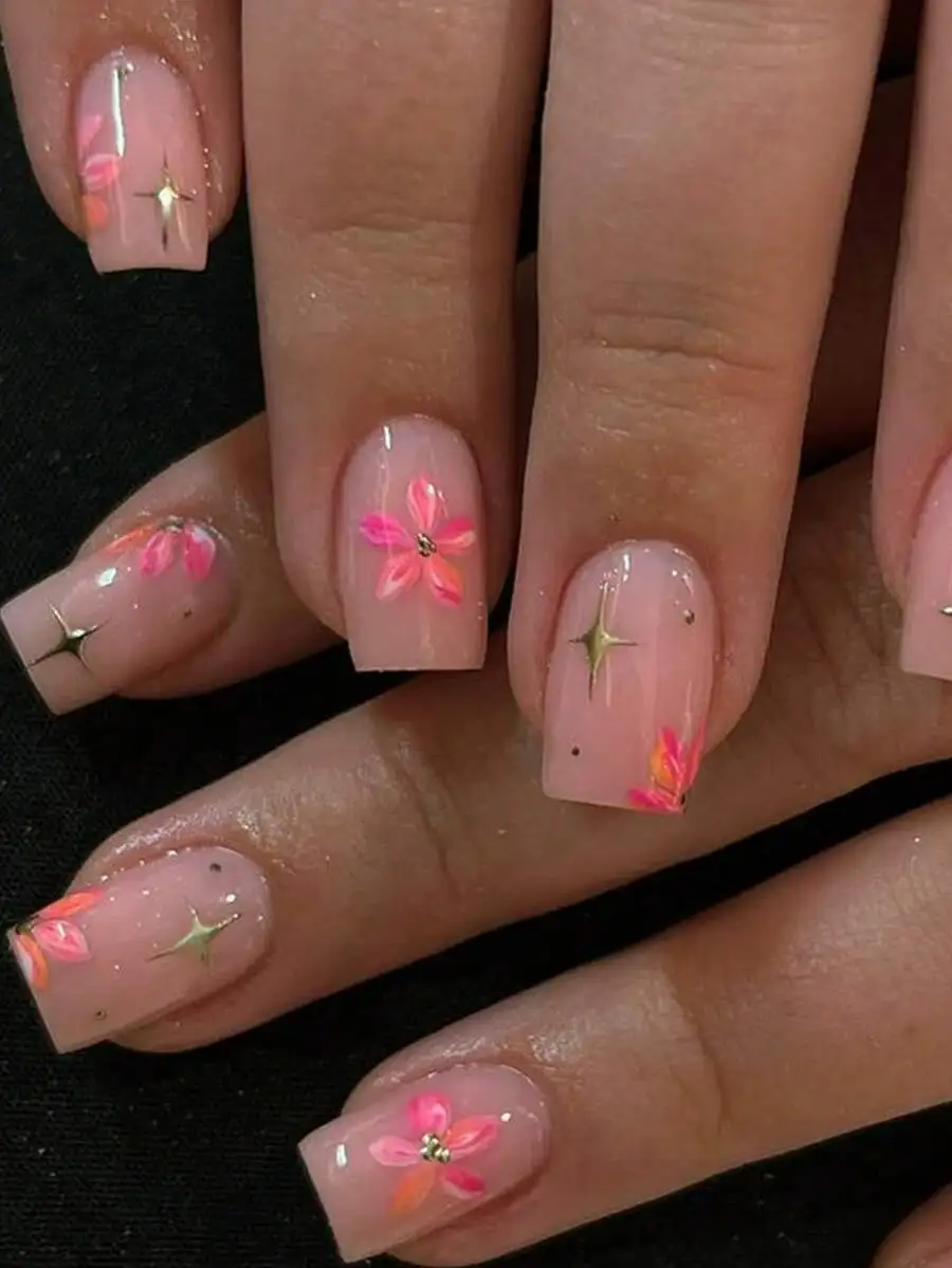 

24pcs Summer Floral Design French Press-On Nails, Star Pattern Short Acrylic Fake Nails Set, Includes: 1pc Jelly Gel And 1pc Nai