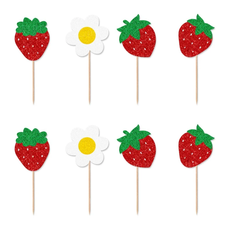 Strawberry Happy Birthday Cake Flags Strawberry Banner Cupcake Topper Fruit Kids Sweety Party Cake Baking Decor DIY