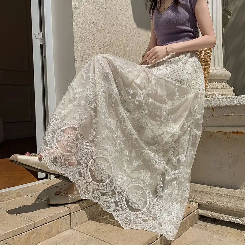 New Chinese Style Chinese Style Lace Skirt Women's High-waisted Temperament Solid Color Skirt Long Skirt