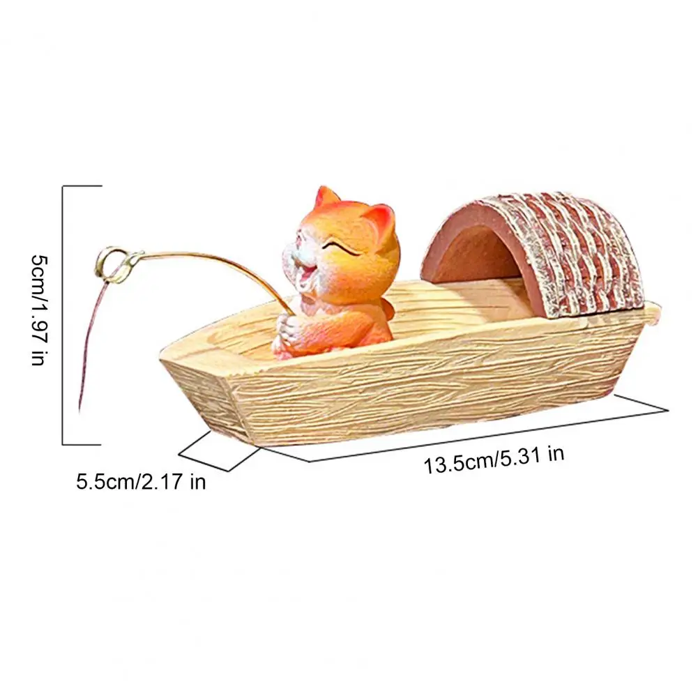 Hand-painted Cat Figurine Floating Fishing Cat Figurine Resin Sculpture Black Awning Boat Aquarium Ornament Cartoon Cat Statue