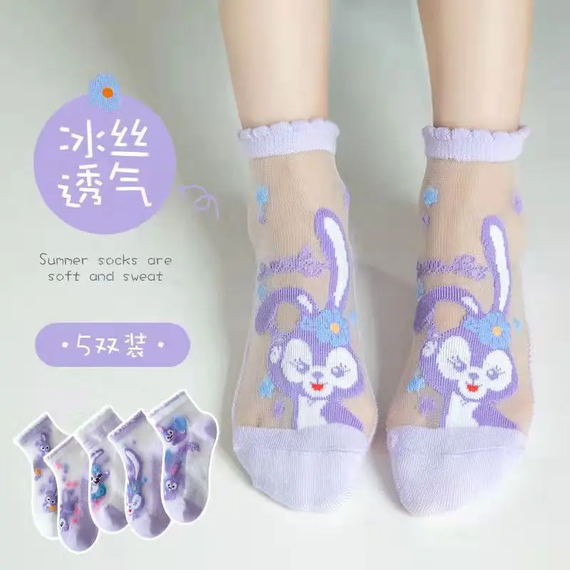 5 Pairs Kuromi Anime Figure Socks for Children Kawaii Thin Socks for Baby Girls Cute Cartoon Melody Breathable Mid-calf Socks