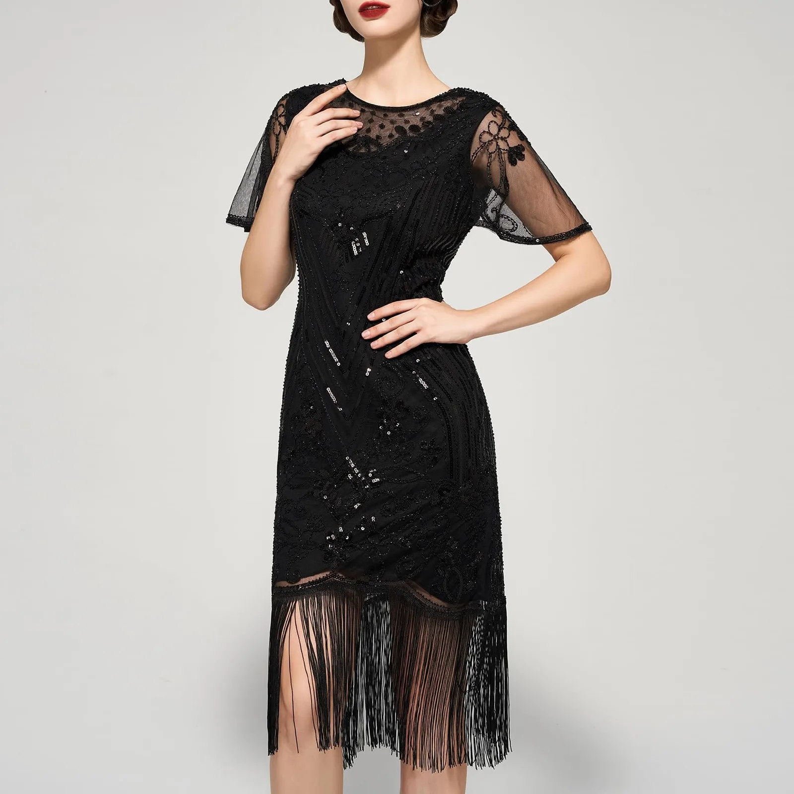 Damen Flapper Kleider 1920er Jahre Pailletten Art Decor Gatsby Cocktailkleid mit Ärmeln Sexy V-Ausschnitt Fransen Kostüm Elegante Kleider