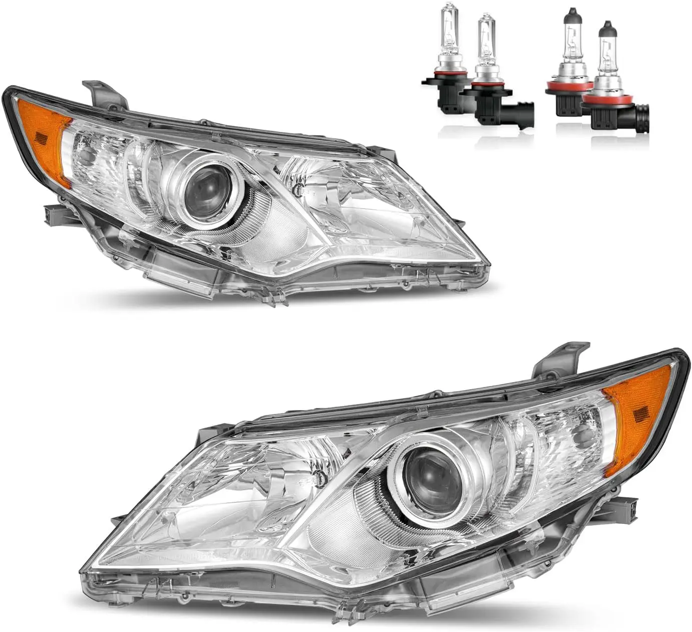 

Фары в сборе для Toyota Camry 2012-2013 2014, сменные фары, хромированный корпус, янтарный отражатель со стороны водителя и пассажира