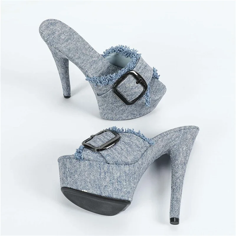 Eilyken BIG Size 43 Summer Thin High Heels Open Toe Platform Women Slippers Designer Sexy Denim Buckle Party Dress Slide Shoes