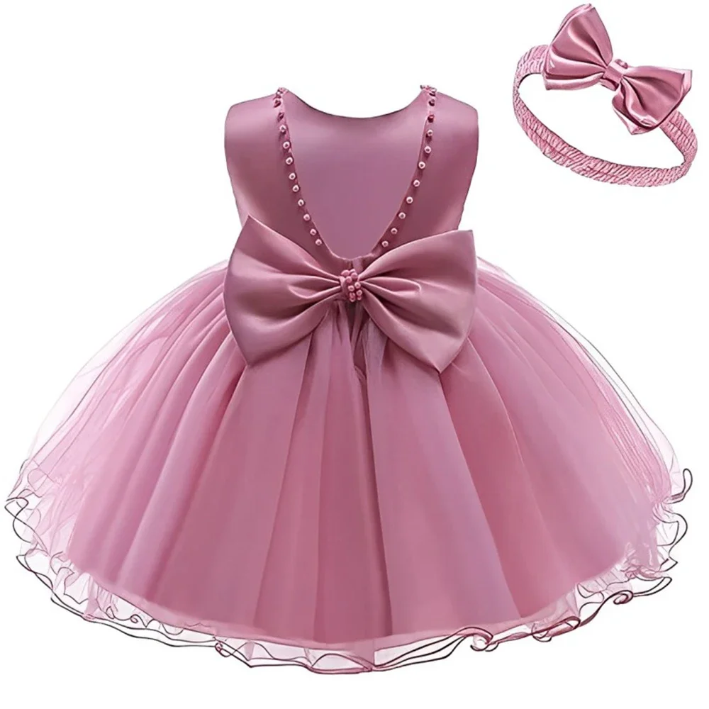 Newborn Baby Girls Baptism Dress For Baby Lace Princess Dress Solid Evening Clothes with Headband Infant Wedding Party Vestidos