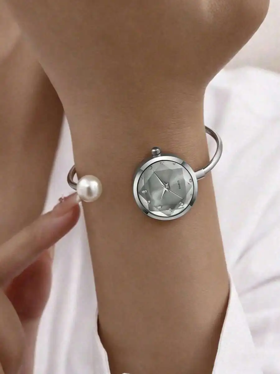 LIANDU LIANDU Women's Watch, Delicate Bracelet Watch Decorated With Faux Pearls, Round Dial Inlaid With Rhinestones, Quartz