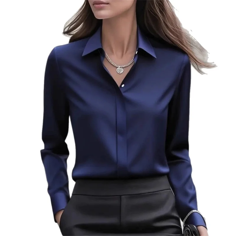 Fashion Elegant Solid Color Lapel Neck Shirt Female 2025 Spring Autumn Simple Style Tops Women's Comfortable Casual Satin Blouse