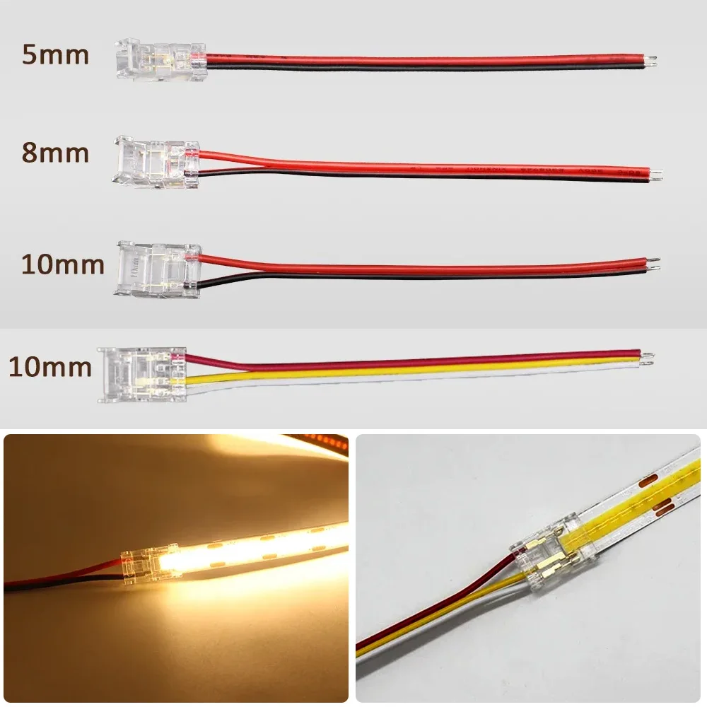 Solderless COB Strip to Wire LED Connector Transparent Crystal Buckle 2Pin 3Pin Strip to Strip for 5mm-10mm RGB CCT LED Strip