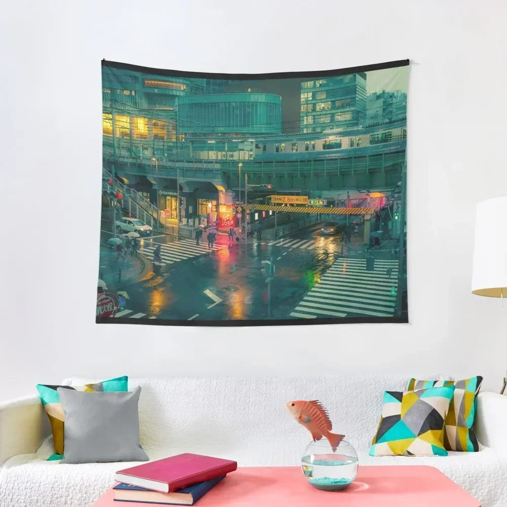 Rainy night in Neo Tokyo Matrix vibe with green and orange light reflection Tapestry House Decor Tapestry