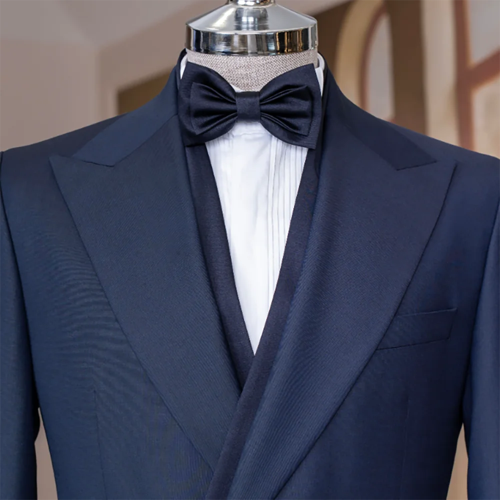 Elegant Men's Navy Blue Asymmetrical Double Breasted Tuxedo 2 Piece Suit Jacket Pants Formal Wedding Groom Prom Costume