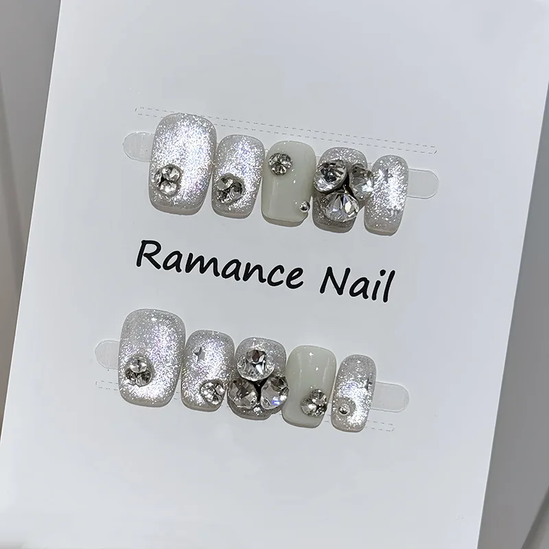 

10Pcs Handmade Nails Spring/Summer Skirt-Hem Bow Cat-Eye Sweet & Girly Style High-Quality Press-On Nails Perfect for Girls