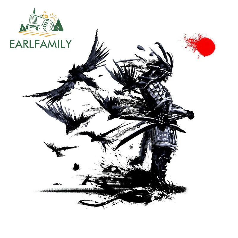 EARLFAMILY 13cm x 12.2cm Samurai Warrior Car Sticker Ink Painting Crow Decal Window Car Trunk Decoration Japan Swordsman Sticker