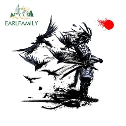 EARLFAMILY 13cm x 12.2cm Samurai Warrior Car Sticker Ink Painting Crow Decal Window Car Trunk Decoration Japan Swordsman Sticker
