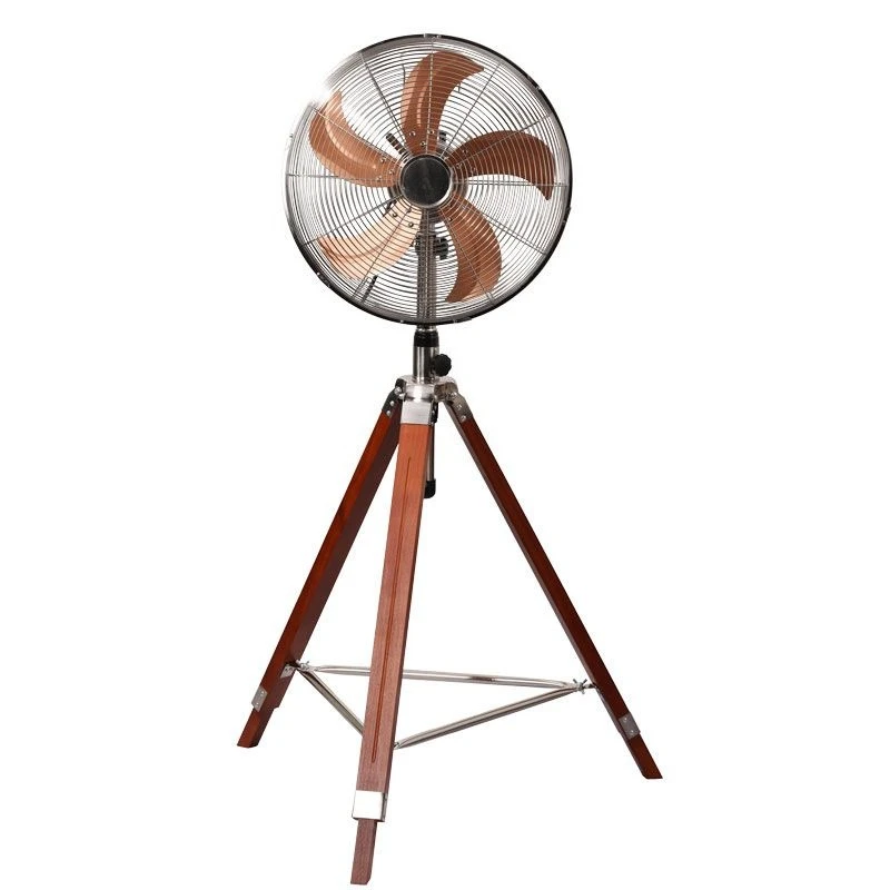 Retro solid wood tripod floor fan, artistic antique metal shaking head, household wooden high wind iron leaf electric fan