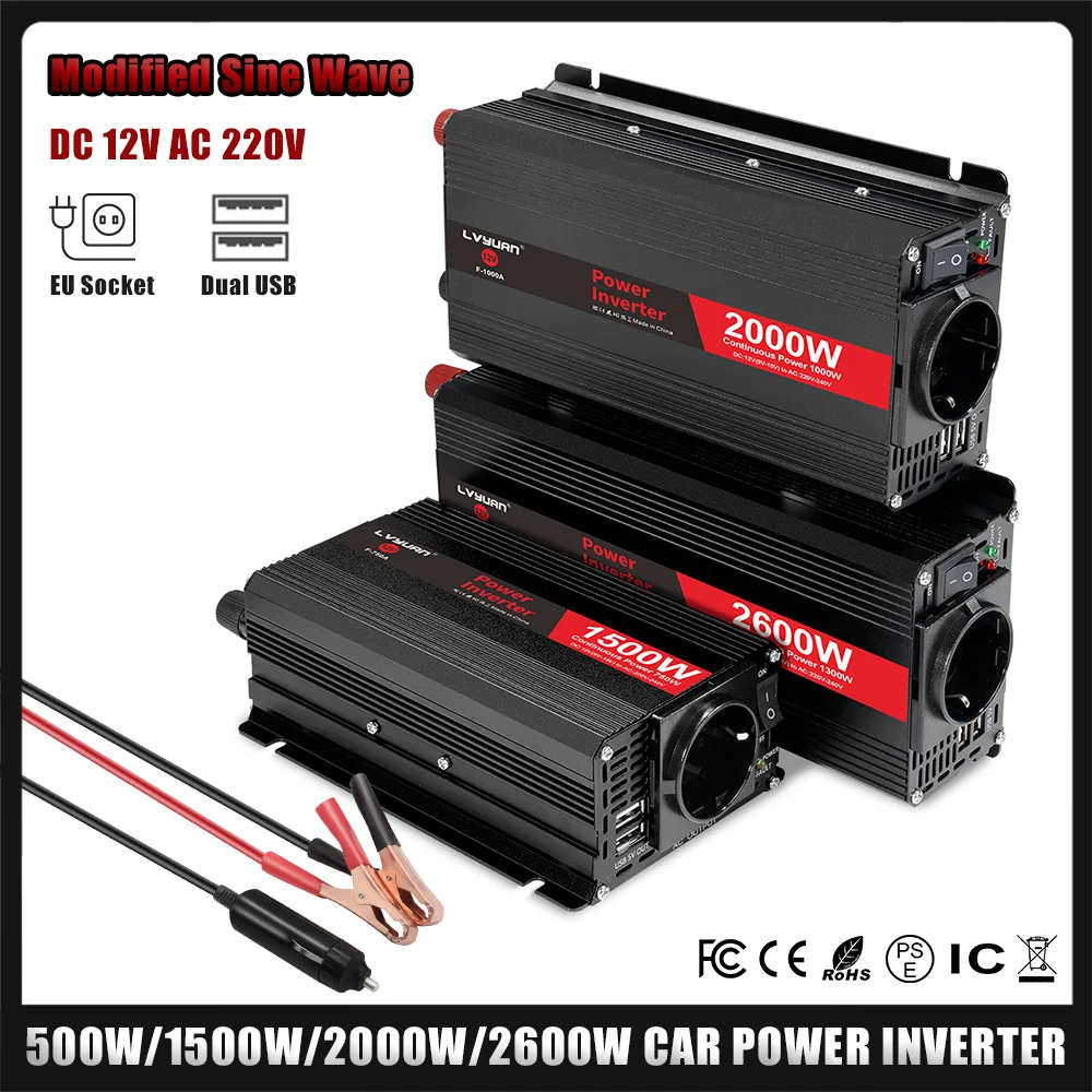 عاكس الطاقة 300 واط-2600 واط DC12V إلى التيار المتناوب 220 فولت سيارة محول جهد كهربي المزدوج USB 3.1A محول الاتحاد الأوروبي المقبس 50 هرتز تهمة للمنزل RV في الهواء الطلق #1