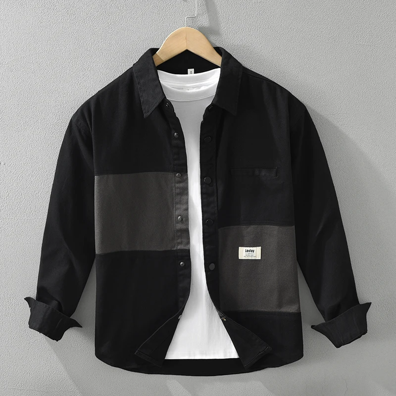Japanese American Splicing Contrast Color Long-sleeved Shirt Men's Thin 2026 Spring Autumn New Workwear Casual Jacket T-Shirts