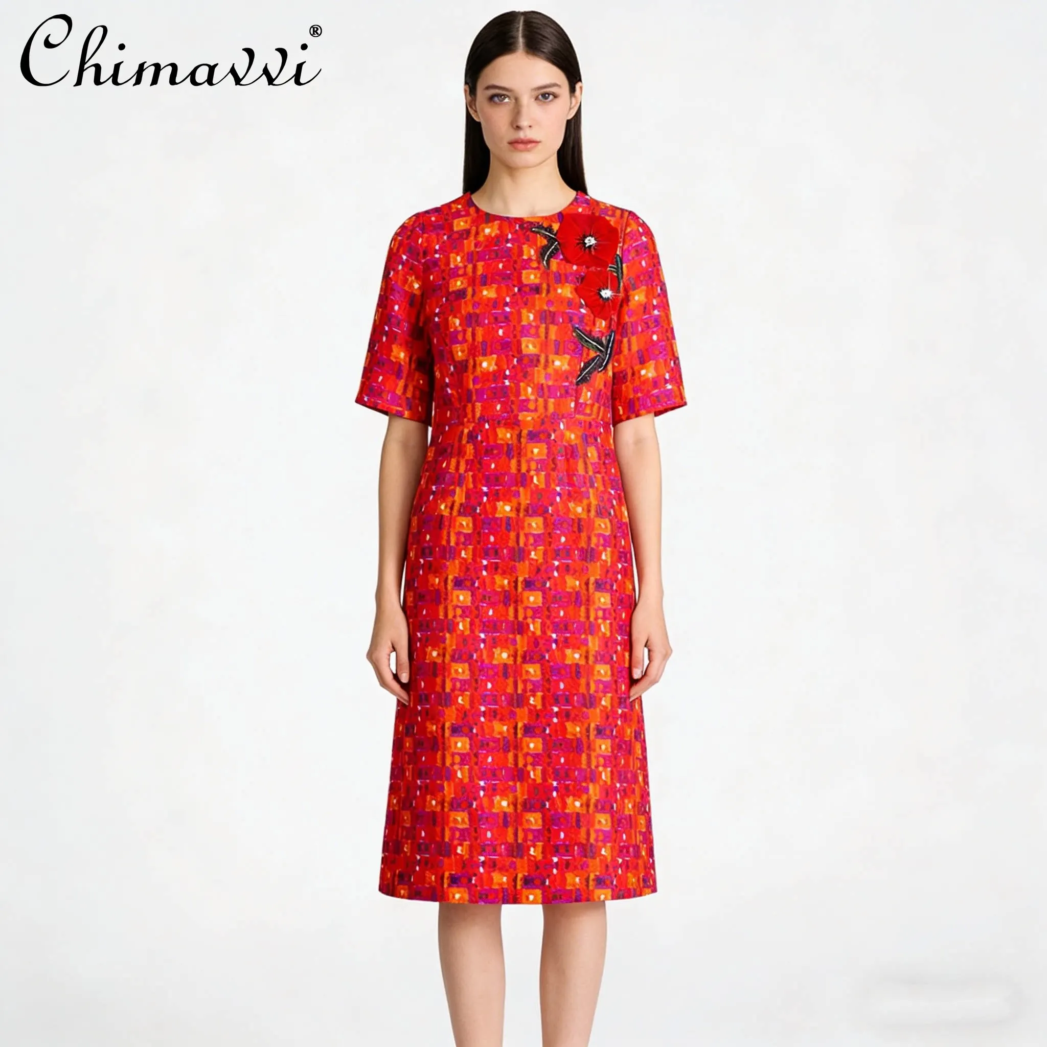 

French Elegant Temperament Embroidery Flower Crew Neck Short Sleeve Red Dresses Women's Summer Loose Straight Plaid Long Dress