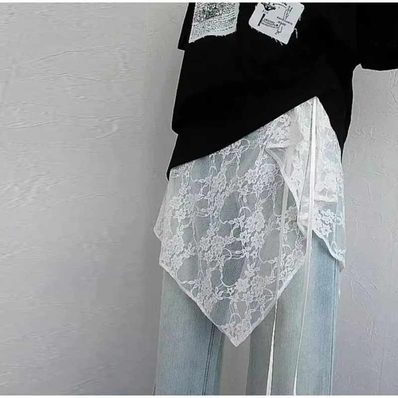2026 New French Style Lace Up Curtain Skirt Boho Spring Layered Fart Curtain Wrap Skirt for Women Short Ruffle Hem Flowy Apron
