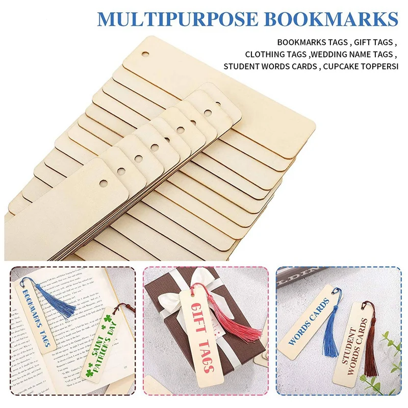 36 PCS Blank Wood Bookmarks And Tassels Rectangle Book Mark For Kids Painting Production Home DIY Craft Decorate