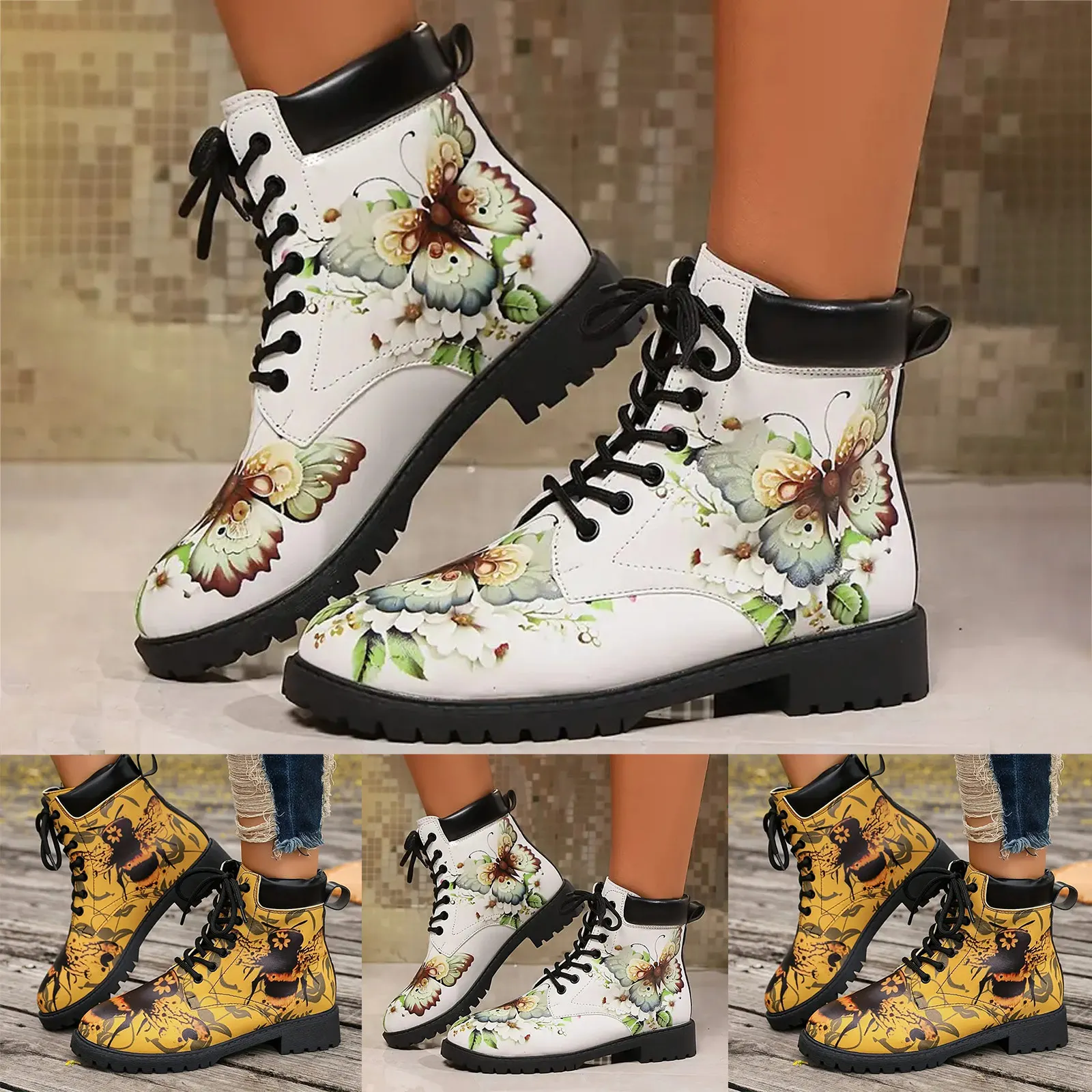 Halloween Women Printed Round Toe Lace Up Ankle Boots Large Size Color Matching Thick Block Heel Fashion Outdoor Short Boots