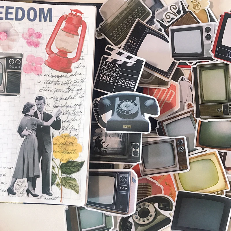 52pcs Retro Nostalgic Old TV Hand Account Stickers Children's Handwritten Newspaper Waterproof Decorative Diary Album Plan