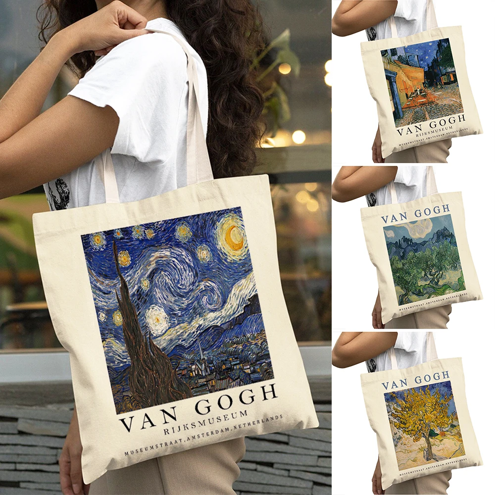 Vincent Van Gogh Starry Sky Sunflower Lady Shopper Bag Women Shopping Bags Double Print Big Capacity Casual Girl Tote Handbag