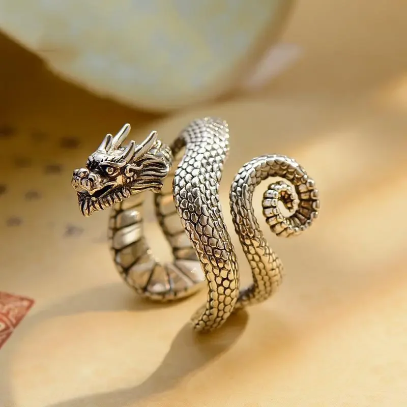 Classic silver 925 Chinese style domineering dragon head mens rings glossy retro style handsome High quality ring jewelry