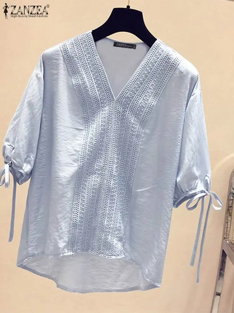 ZANZEA Vintage Solid Lace Women Blouse Korean Fashion Stripes Cuff Straps Tops Shirt 2024 Summer Half Sleeve V-Neck Loose Blusas