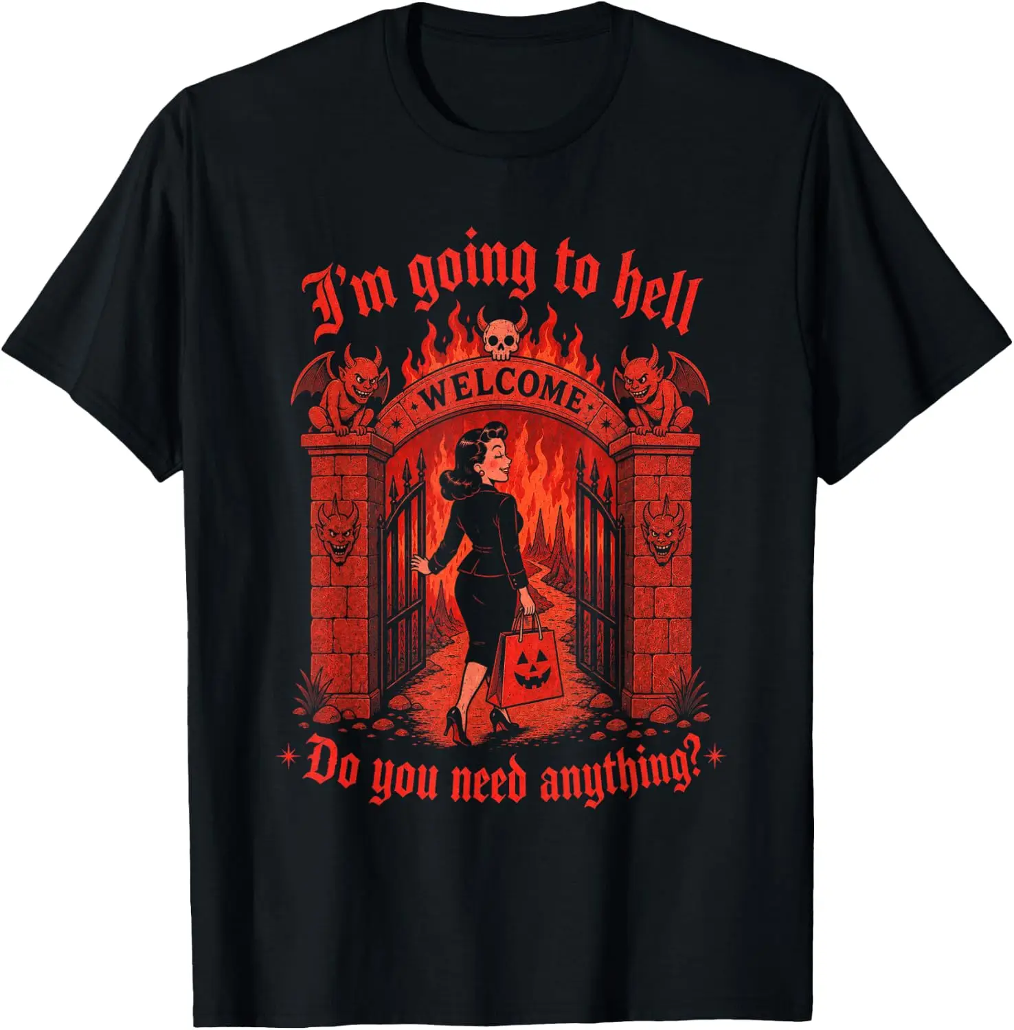 I'm Going To Hell Do You Need Anything? Devil Halloween T-Shirt Novelty Unisex Graphic T‑Shirt, Creative [Your Graphic Design] Print Tee, 100% Cotton Breathable Crew Neck Casual Short Sleeve Top, Gift Choice For Friends Family Daily Party