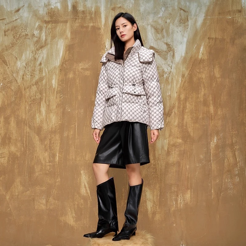 Chericom Women's Hooded Down Coat Stand Collar Print Design Dual Zipper Placket Ribbed Windproof Cuffs Slanted Pockets Y299155Y