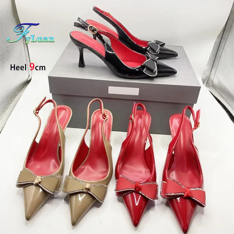 

Женские туфли на высоком каблуке 9 см, вечерние, банкетные, с открытой пяткой, новинка 2023 года, летние удобные туфли-лодочки с острым носком и стразами и бантом на мягкой подкладке