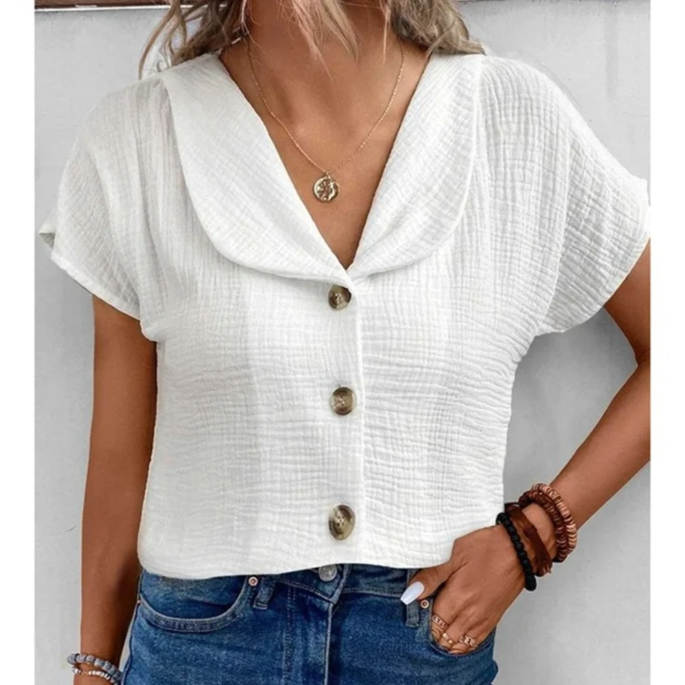 

Summer New Solid Casual Loose Women Shirts Vintage Oversized Blouses Fashion Elegant Youth Female Tops