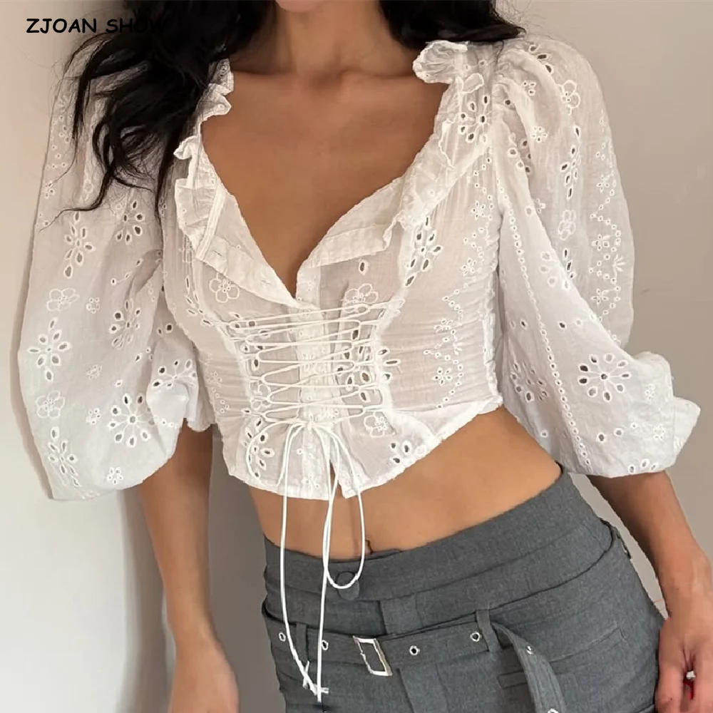 Sexy White Embroidery Hollow Out Hole Lace Long Puff Sleeve Crop Shirt Women Cross Lacing Up Bow Slim Waist Open Button Blouse