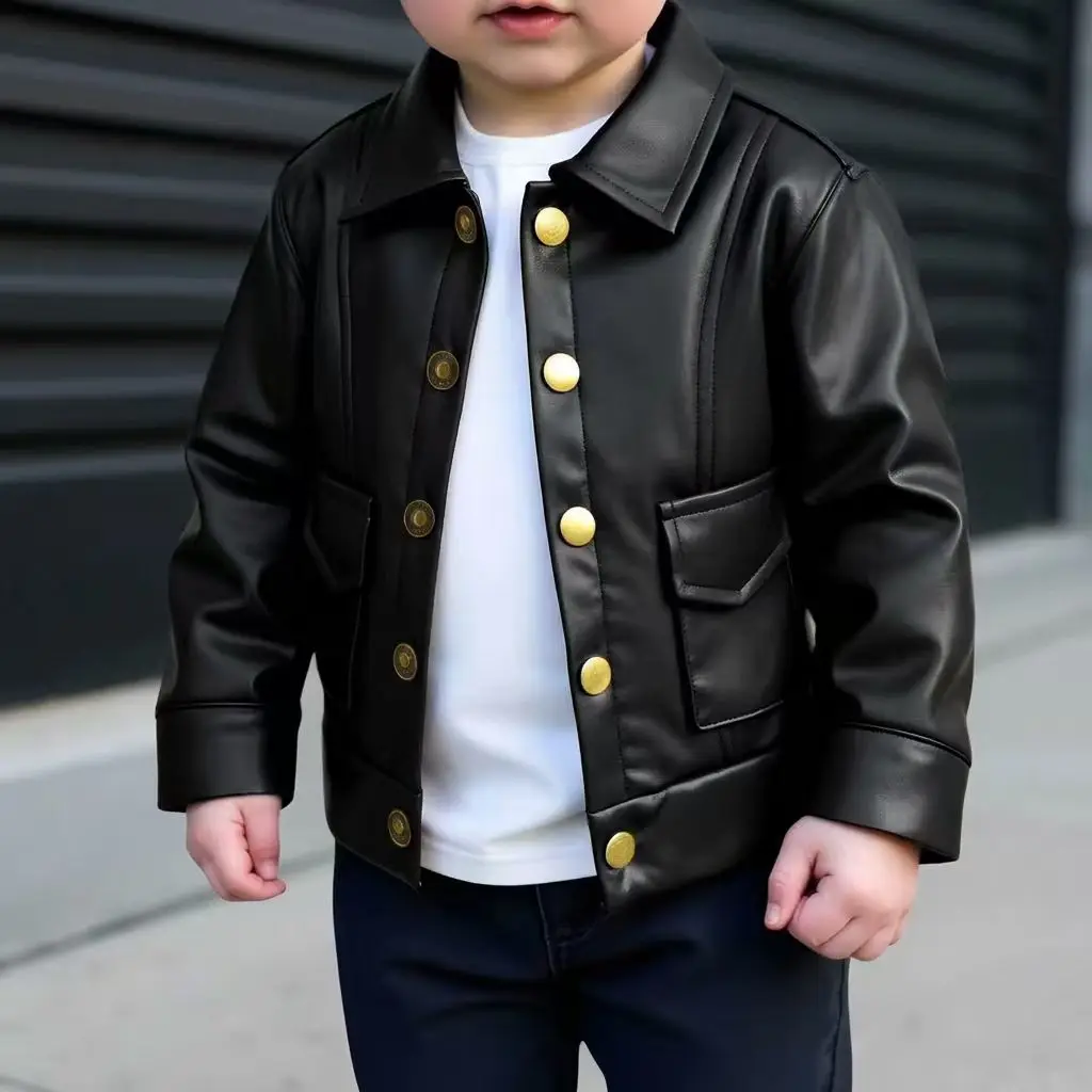Baby Boy Faux Leather Jacket Lapel Button‑Up Casual Outerwear