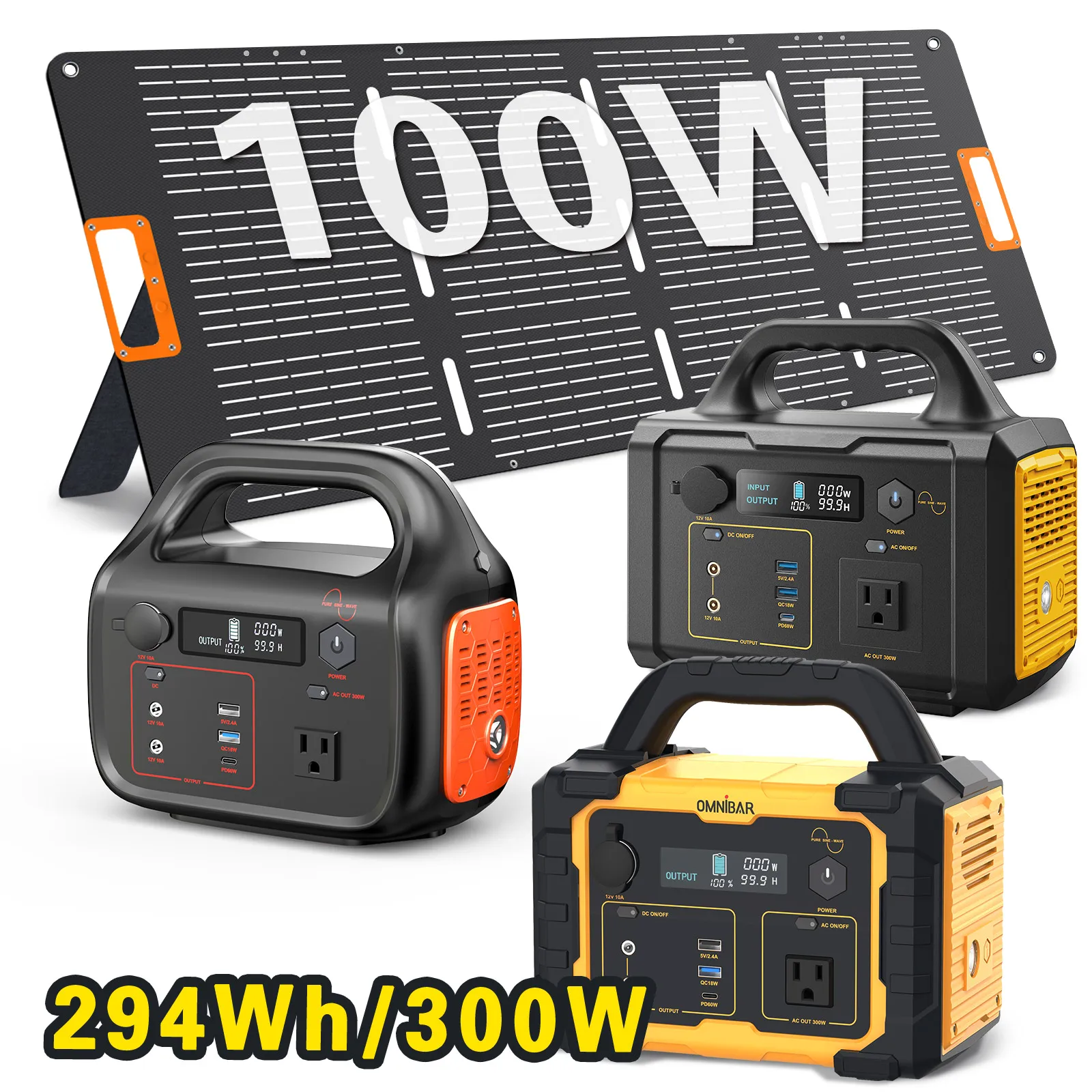 Solar Generator 300W Portable Power Station with 100W Foldable Solar Panel, 294Wh Lithium Battery, 120V/300W AC Outlet