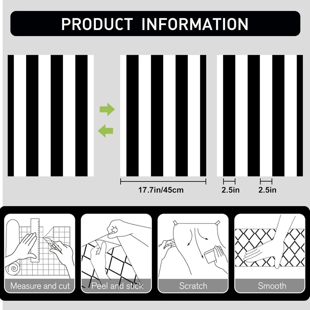 ورق جدران مخطط مقاوم للماء وقابل للإزالة ذاتي اللصق باللونين الأبيض والأسود للخزائن والأرفف والجدران - سهل التقشير والالتصاق