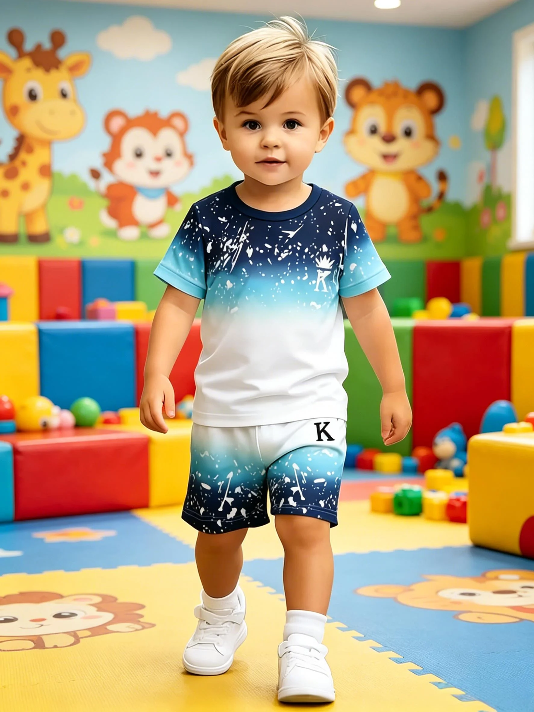 Cool Style Gradient Splash Print Boys Blue White Short Sleeve Shorts Set New Arrival