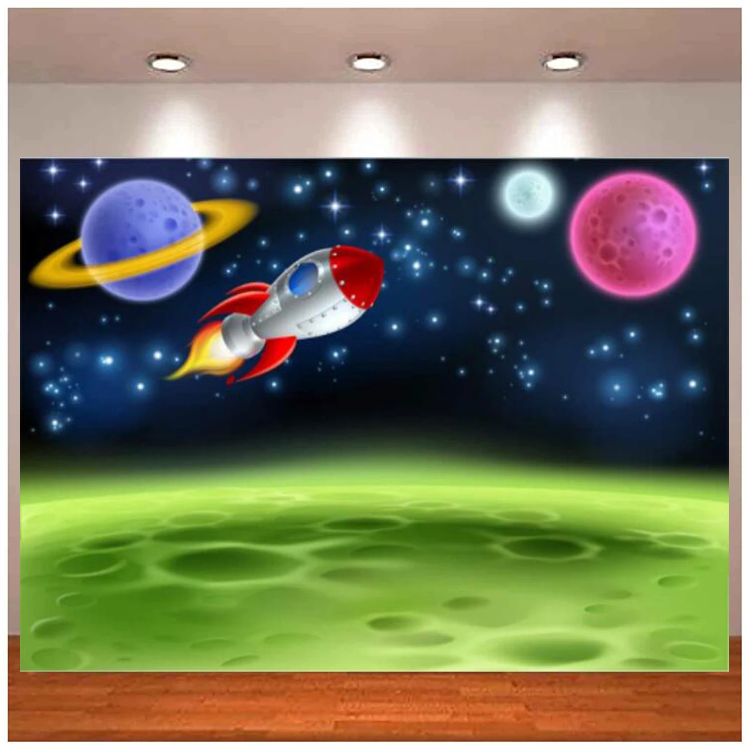 

Cartoon Space Photography Backdrop Star Themed Aircraft Earth Galaxy Green Shiny Universe Background Kids Birthday Party Decor