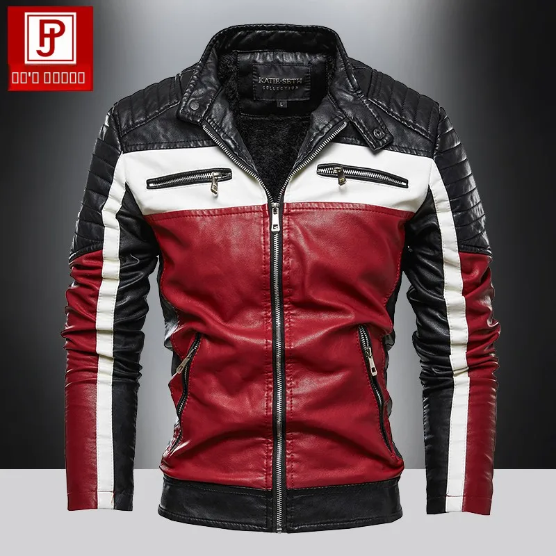 

Winter Thiened Men's Leather Jaet Stand Collar Biker Sle Casual Trendy Leather Coat Youth Leisure Faion Leather Vest