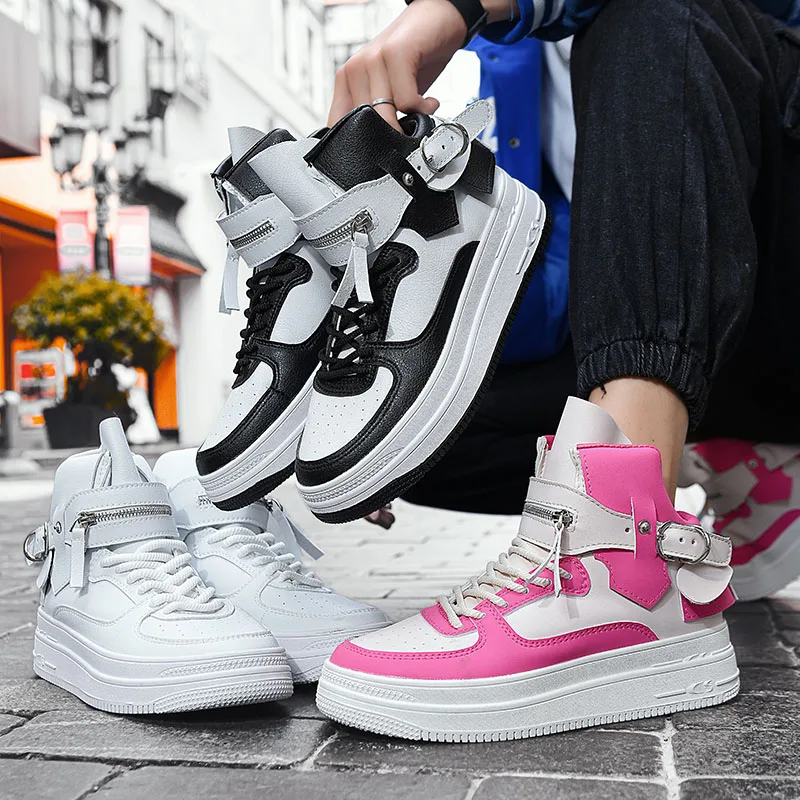 Fashion Pink Womens High Top Sneakers Streetwear Platform Men\'s Skateboard Shoes Trend Comfortable Leather Men Skate Board Shoes