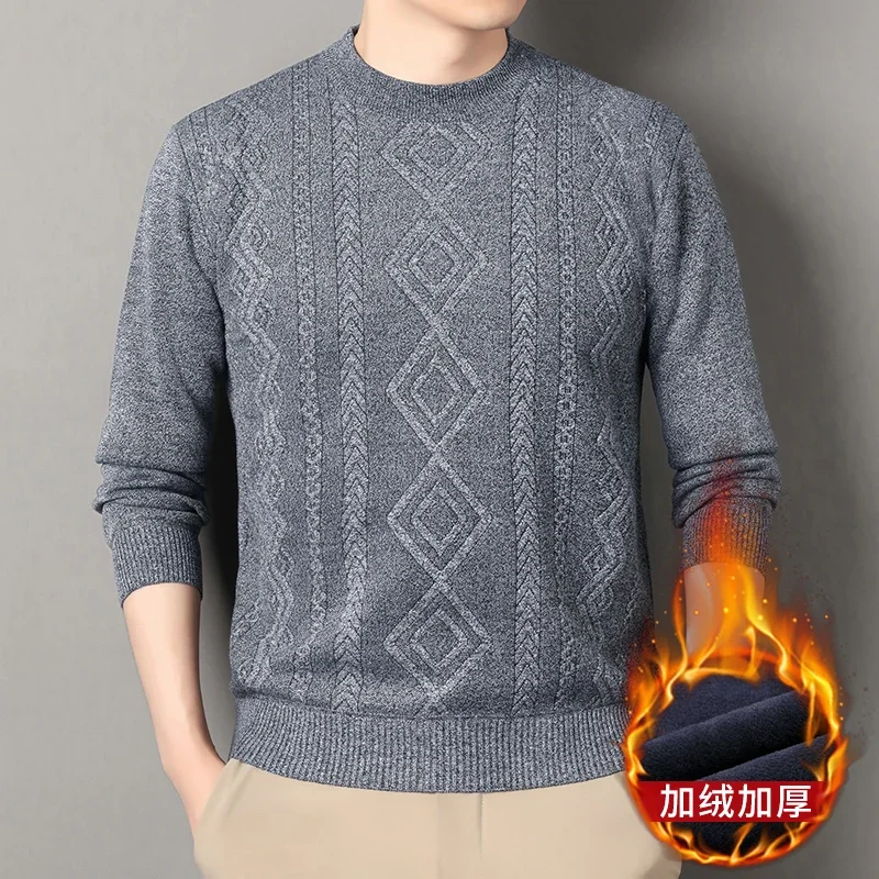 Winter Thick Fleece Men Crew Neck Jumper Textured Jacquard Knit Soft Fabric Daily Gathering Outdoor Warm Top