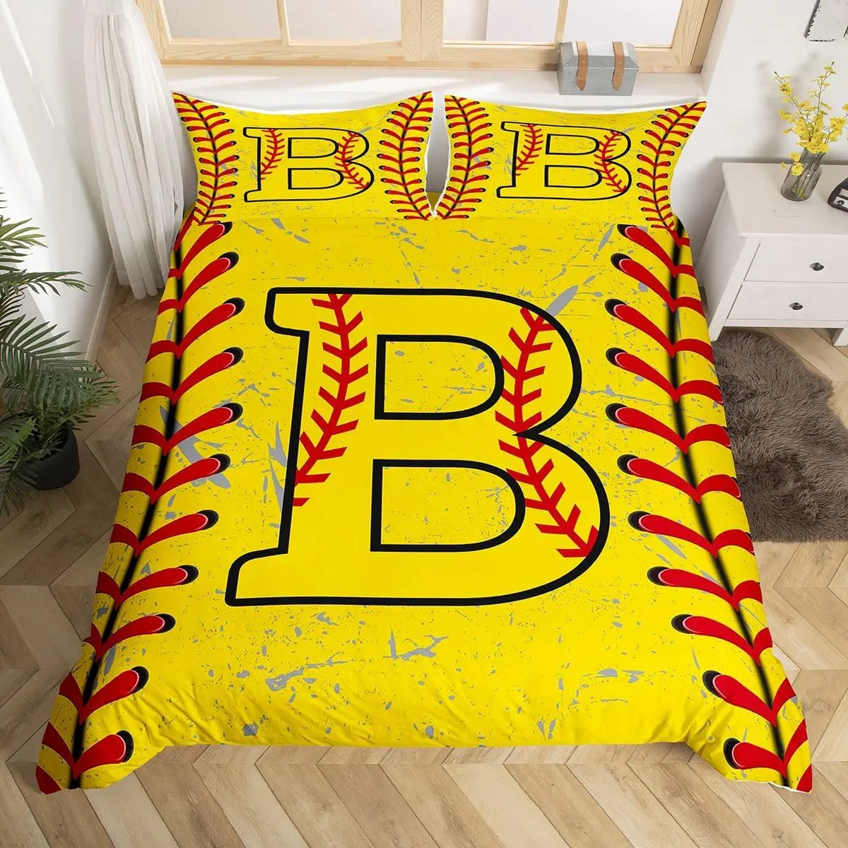 Baseball Theme Duvet Cover Full Initial Bedding Set Grunge Ball Game Yellow Comforter Cover Red Stitching Lines Print Bedclothes