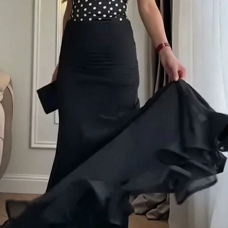 Female Autumn Swing Party Skirts New Casual High Waisted Pleated Slim Fit Long Skirt Chic Polka Dot Print Commuting Half Skirt