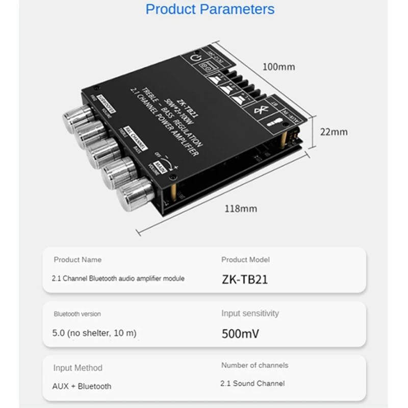 ZK-TB21 Bluetooth 5.0 Subwoofer Digital Amplifier Board TPA3116D2 50Wx2+100W 2.1 Channel Power Audio Stereo Bass AMP Accessories